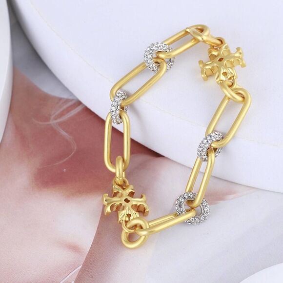 NWT Tory Burch Gold Link Circle Crystal Logo Bracelet - Picture 2 of 6